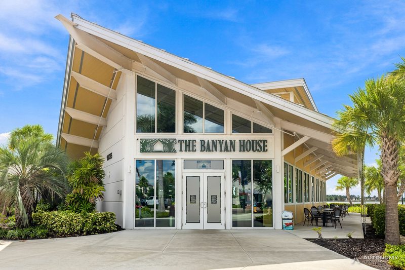 The Banyan House restaurant with its peaked white roof and glass front in Downtown Wellen